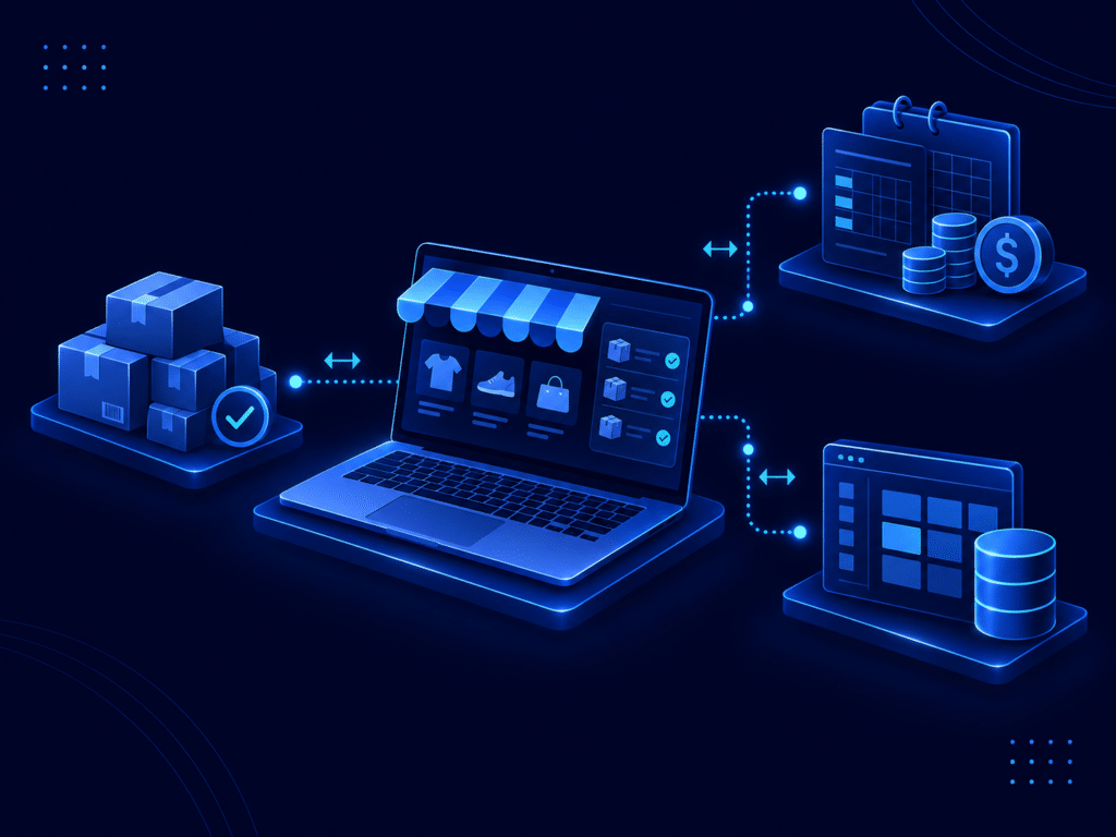 Ilustração azul de uma loja virtual conectada ao estoque, aos registros financeiros e a um sistema de gestão.